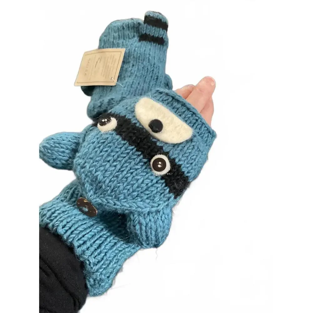 Fair Trade Handmade Blue Wool Convertible Mittens with Raccoon Design OS Adult